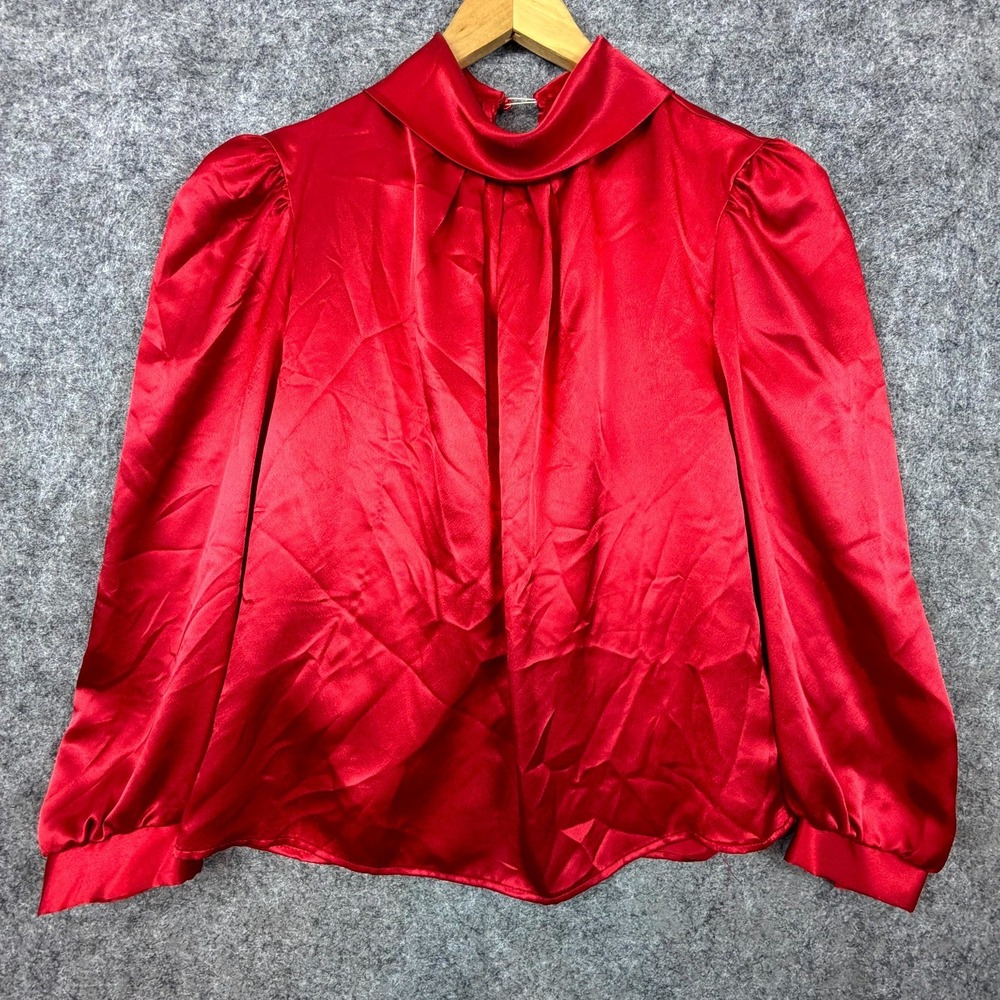 Vintage Ellen-D Kollection Office Blouse Womens Large Red Satin Siren Silky Luxe